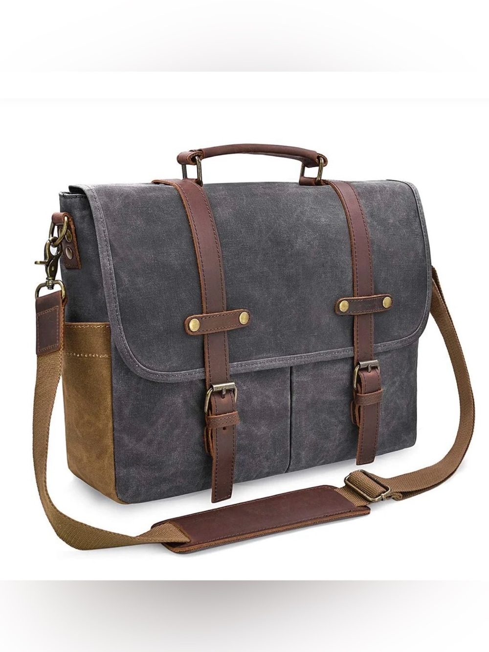 Newhey Gray Brown Thick Waxed Canvas Laptop Commuter Academic Satchel Bag